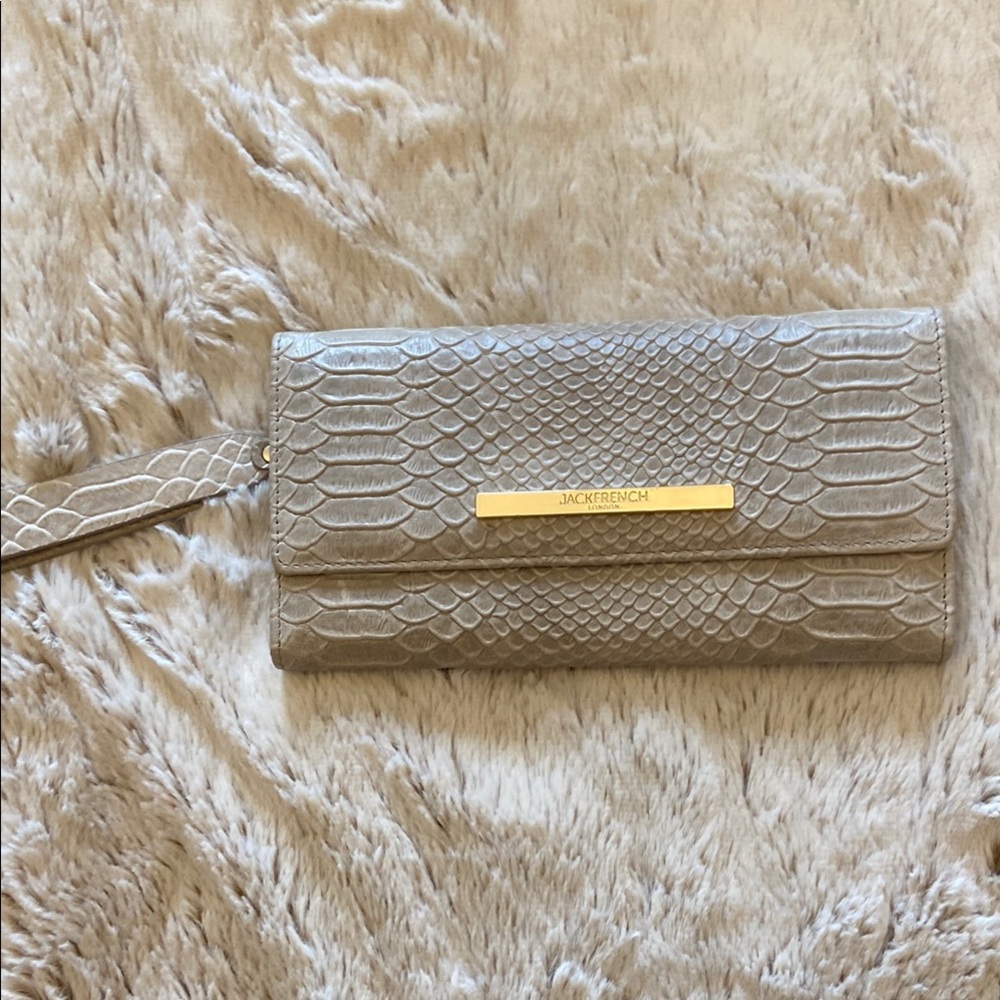 Jack French London Tan Leather Snakeskin Design Wristlet with Gold Accent